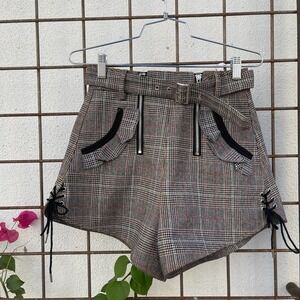 Rosalind Shorts Womens Small Grey Plaid Checkered  Lace Side Boho Western